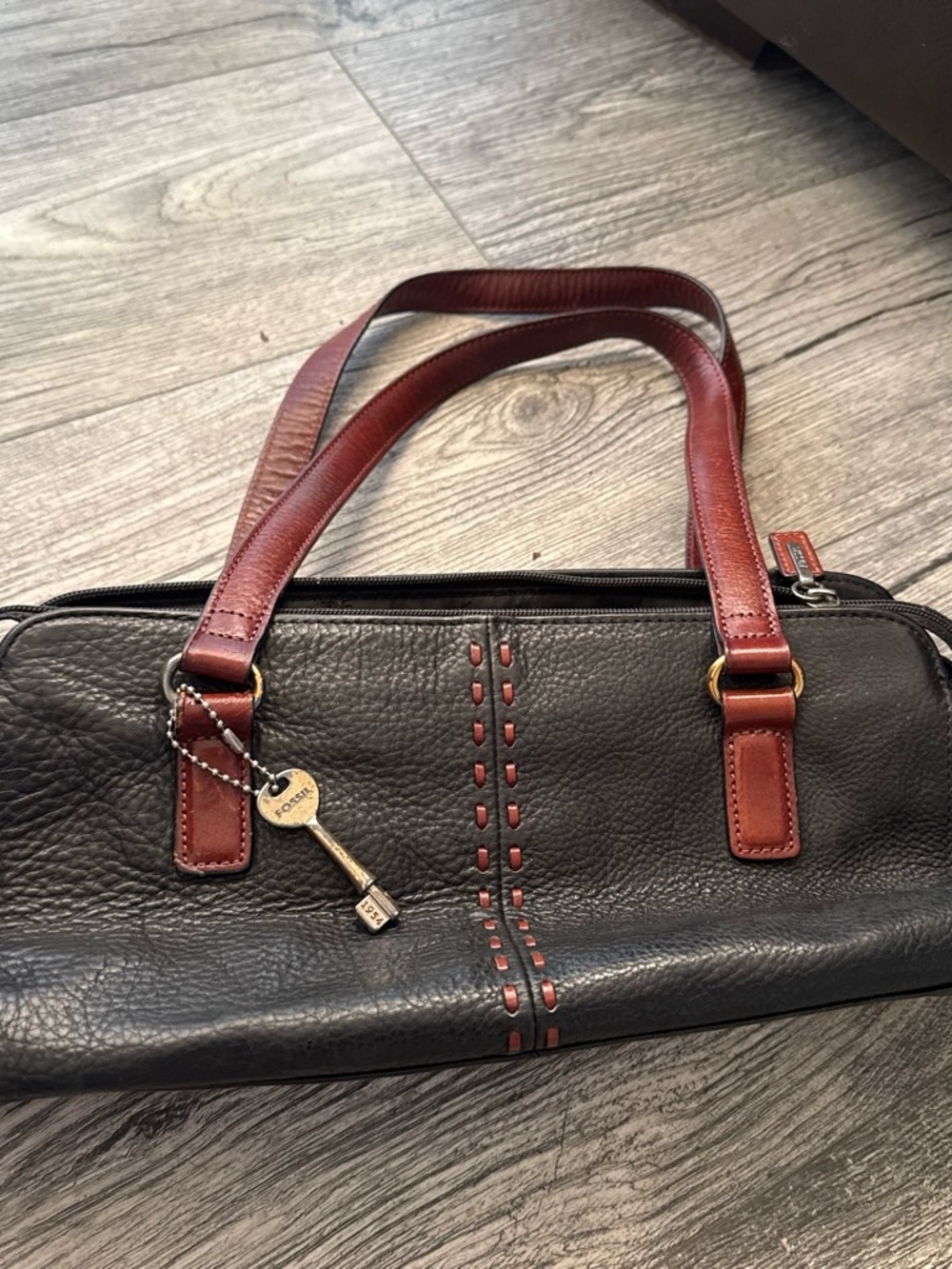 Fossil Black Leather Messenger Bag with Brown Straps